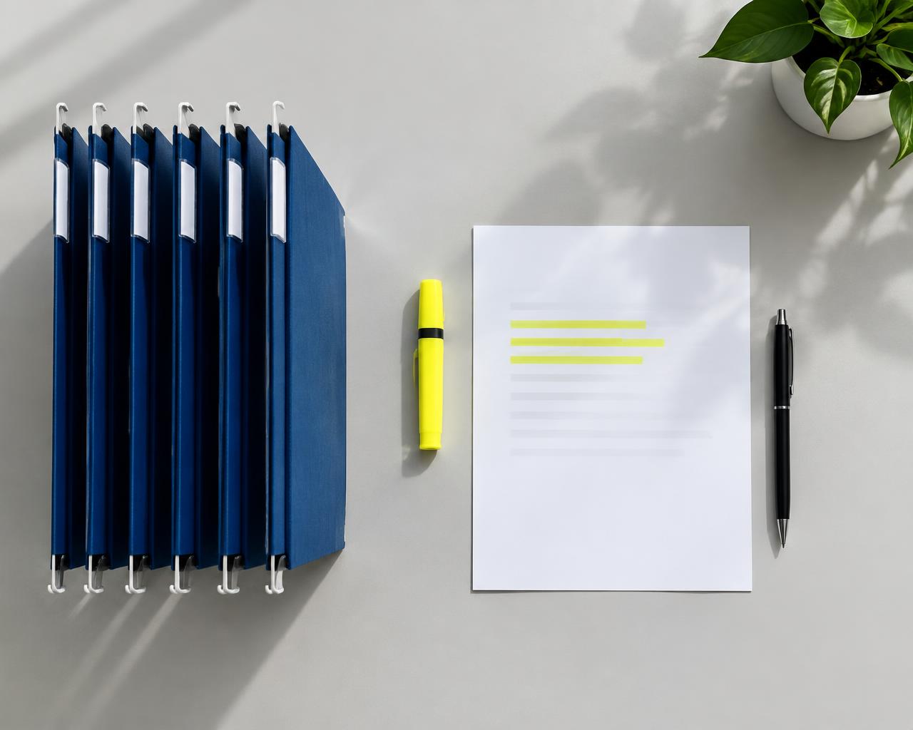 Dossiers suspendus bleus et surligneur jaune sur un bureau